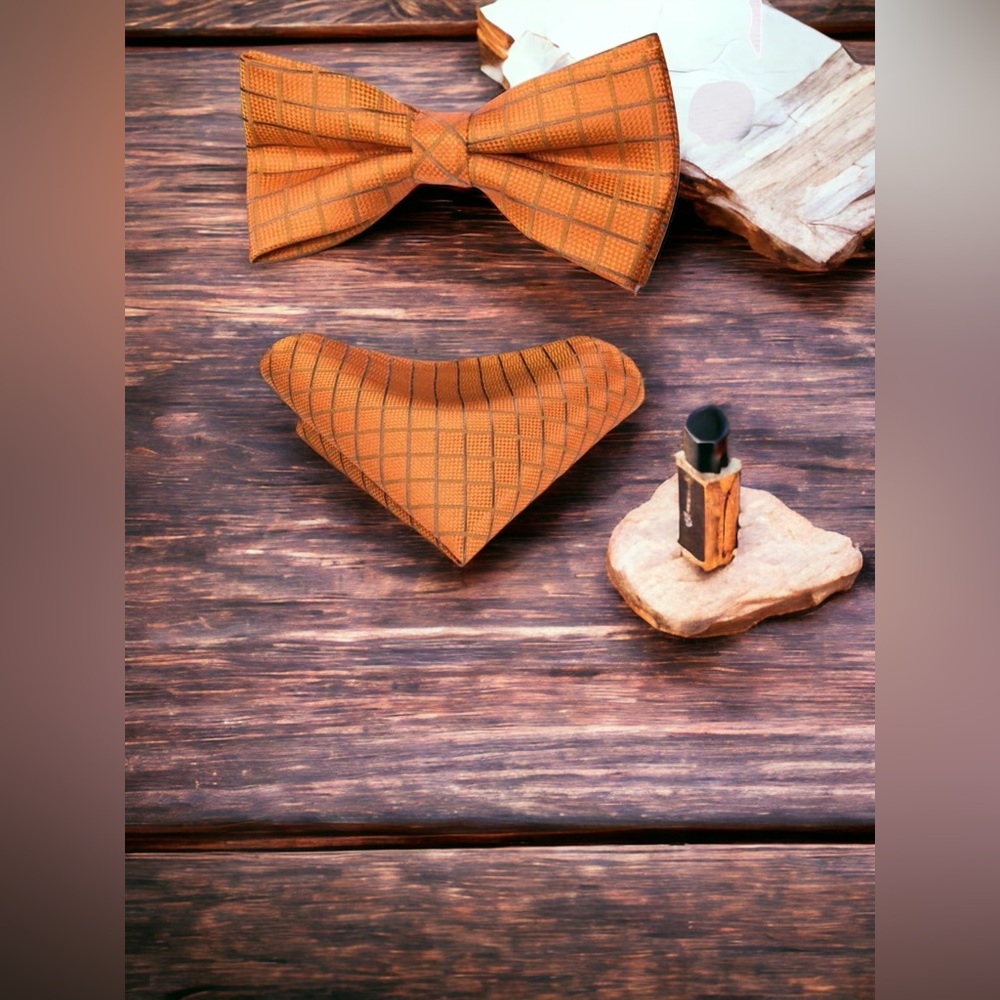 Men’s Silk Coordinated Bow Tie Set - Orange Plaid